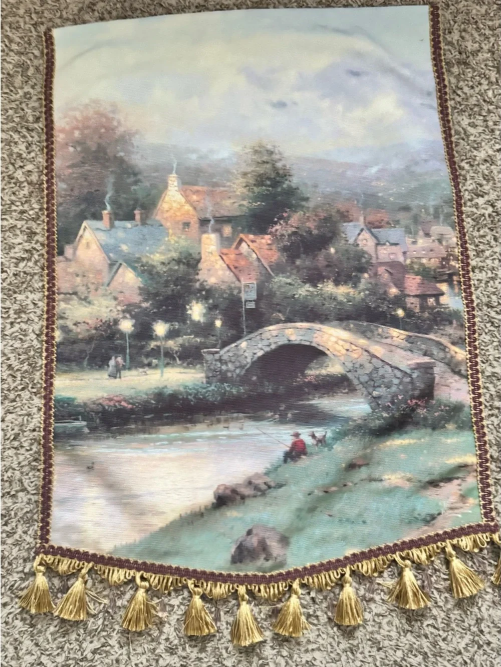 VintageScenic Village Bridge Wall Tapestry in Soft Pastel Green and Gold